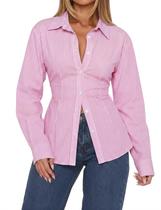Blusa feminina listrada HOCANDY de manga comprida com botões
