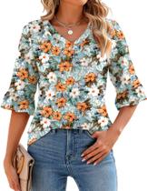 Blusa feminina LOMON, elegante, casual, manga 3/4, decote em V, floral
