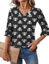 Blusa feminina LOMON manga 3/4 com decote em V com estampa fantasma de Halloween