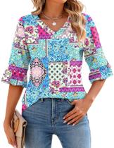 Blusa feminina LOMON, manga 3/4, decote em V, túnica com babados, azul M