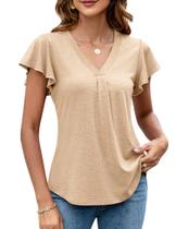 Blusa feminina LOMON, manga curta, decote em V, casual, bege Blusa feminina LOMON, manga curta, decote em V, casual, bege