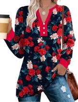 Blusa feminina LUYAA com decote em V, manga folhada, floral, outono, azul marinho, XXL Blusa feminina LUYAA com decote em V, manga folhada, floral, outono, azul marinho, XXL