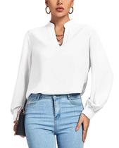 Blusa feminina LYANER com decote em V, franzida, manga comprida, branca