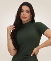 Blusa Feminina Malha Canelada Manga Curta Gola Alta Moda Feminina Casual Versátil