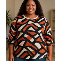 Blusa Feminina Manga 3/4 Estampada Plus Size Laiza