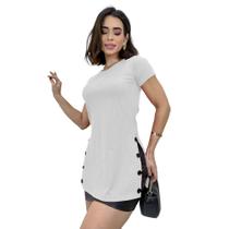 Blusa Feminina Manga Curta Blusinha Canelada Botões Comprida