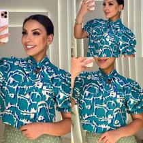 Blusa Feminina Manga Curta Bufante Social Estampada com Laço