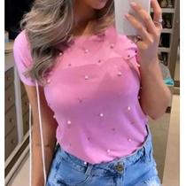 Blusa feminina manga curta detalhe com aplicação de perolas gola rasa viscolycra