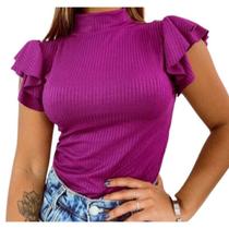 Blusa feminina manga curta dois babados gola alta malha canelada