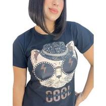 Blusa feminina manga curta estampa gato tecido viscolaycra