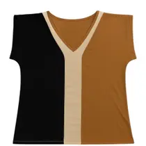 Blusa Feminina Manga Curta Geométrica - Marrom com Bege - Tecido Confortável