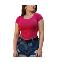 Blusa feminina manga curta gola rasa malha canelada estilo