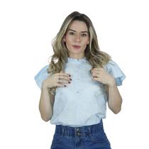 Blusa Feminina Manga Curta Linho Bordado Estilo Confortável