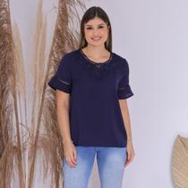 Blusa Feminina Manga Curta Lisa Detalhes em Renda Viscose Premium - Azul Marinho