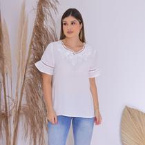 Blusa Feminina Manga Curta Lisa Detalhes em Renda Viscose Premium Branco