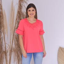 Blusa Feminina Manga Curta Lisa Detalhes em Renda Viscose Premium Rosa