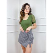 Blusa feminina manga curta tule bufante gola rasa canelado tendência