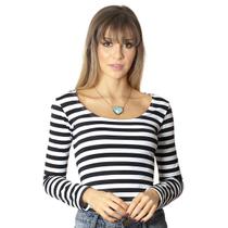 Blusa Feminina Manga Longa Branca de Listras Finas Pretas Decote Redondo