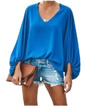 Blusa Feminina Manga Longa Bufante Casual Gola V Plus Size Manga Balonê
