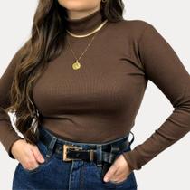 Blusa Feminina Manga Longa Cacharrel 100% Algodão Confortável Básico Gola Alta Cor:MarromTamanho:G