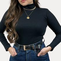 Blusa Feminina Manga Longa Cacharrel 100% Algodão Confortável Básico Gola Alta Cor:PretoTamanho:P