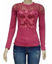 Blusa feminina manga longa canelada estampada em relevo