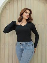 Blusa feminina manga longa decote V suplex básico tendência