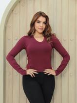 Blusa feminina manga longa decote V suplex básico tendência