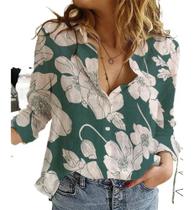 Blusa feminina manga longa detalhes floral tamanho m cor verde e branco