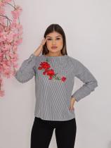 Blusa Feminina Manga Longa em Tricoline com Bordado em Flor Tecido Premium - SML Fashion