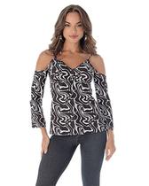 Blusa Feminina Manga Longa Estampada Fashion Demillus 093413 Cor:preto branco marmorizadoTamanho:48
