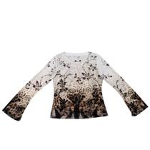 Blusa Feminina Manga Longa Flare Estampada Animal Print com Floral Via Tolentino