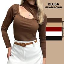 Blusa Feminina Manga Longa Gola Alta Decote Recorte Tecido Canelado Flanelado Moda Blogueira