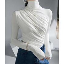 Blusa feminina manga longa gola alta drapeado assimétrico moda elegante