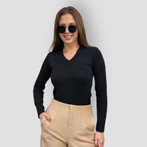 Blusa Feminina Manga Longa Gola V Tricot Suéter de Lã Inverno