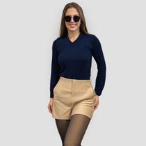 Blusa Feminina Manga Longa Gola V Tricot Suéter de Lã Inverno