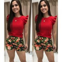 Blusa feminina manguinha cavada babado tecido canelado