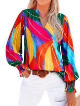 Blusa feminina MASCOMODA com decote em V, floral, manga comprida, chiffon Blusa feminina MASCOMODA com decote em V, floral, manga comprida, chiffon