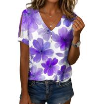 Blusa feminina Medlor, boho, decote em V, estampa floral, manga curta