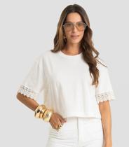 Blusa Feminina Meia Malha Renda Na Manga Dianna Bege