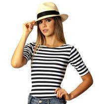 Blusa Feminina Meia Manga Estampa Branca de Listras Finas Pretas Decote Canoa