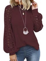 Blusa feminina MIHOLL de renda, manga folgada, casual, solta, vinho tinto Blusa feminina MIHOLL de renda, manga folgada, casual, solta, vinho tinto