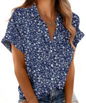 Blusa feminina Mintreus de manga curta com botões azul S Flower-L Blusa feminina Mintreus de manga curta com botões azul S Flower-L