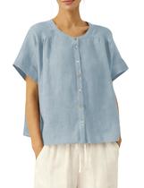 Blusa feminina Mostrend de linho com botões azul tamanho L Blusa feminina Mostrend de linho com botões azul tamanho L
