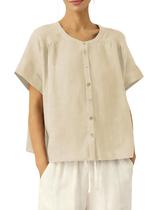 Blusa feminina Motrend de linho com botões e mangas curtas Blusa feminina Motrend de linho com botões e mangas curtas