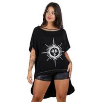 Blusa Feminina Mullet Gola Choker Estampa Sol Lua Preta Cool Blusa Feminina Mullet Gola Choker Estampa Sol Lua Preta Cool