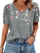Blusa Feminina OFEEFAN Floral com Decote V e Manga Curta