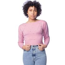 Blusa Feminina Oliveira Malhas Cropped Bufante Rosa
