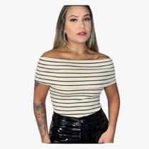 Blusa feminina ombro a ombro justa listrada curta Exclusivo