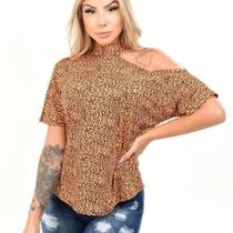 Blusa feminina onça gola alta recorte no ombro manga curta modal elegante